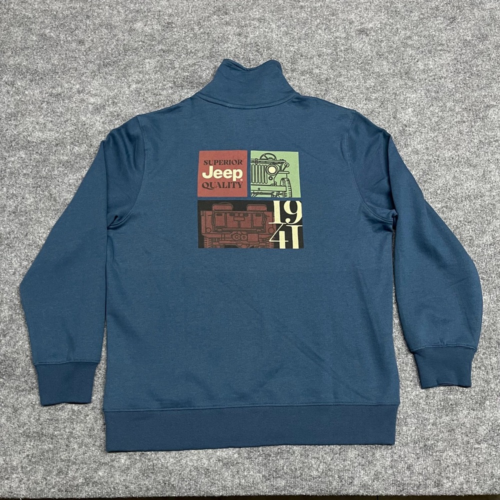 Jeep Sweatshirt XL Mens Blue 1941 Willys MA US Army 1/2 Zip Ribbed Mock Neck